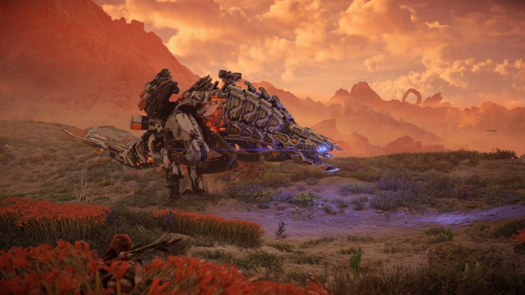 Horizon Forbidden West thunderjaw sneaking sunset